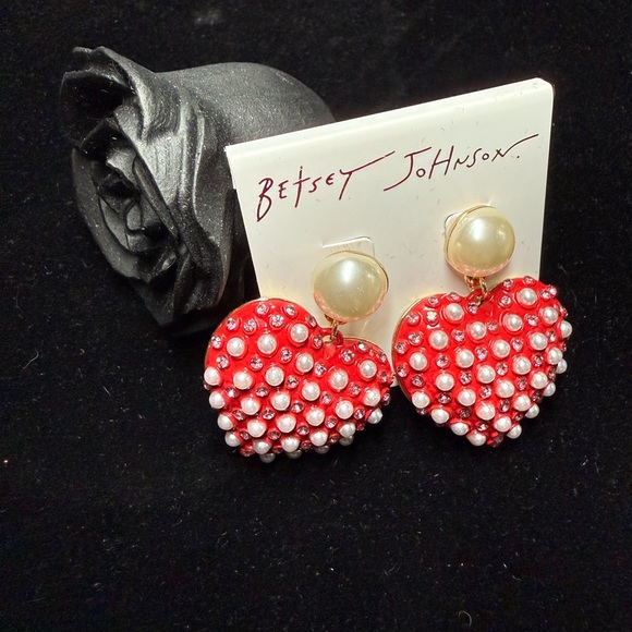 Betsey Johnson Jewelry - Betsey Johnson Red and Pearl Heart Earrings